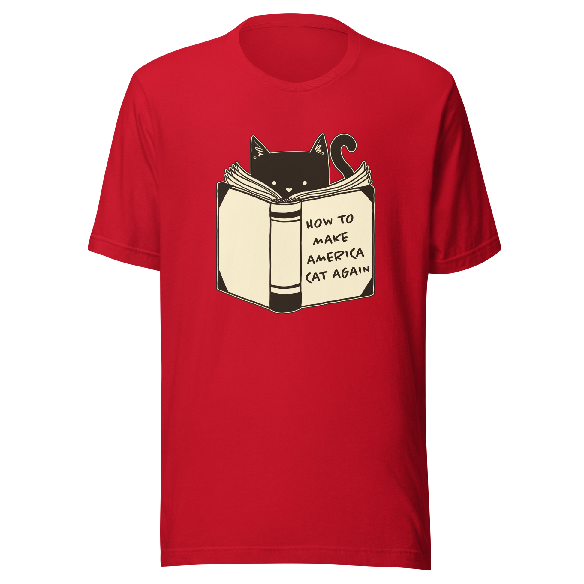 A minimalist illustration of a cat reading a book titled “How to Make America Cat Again”. A clean, witty design that blends feline charm with ironic humor, perfect for cat lovers and fans of clever, minimalist art.