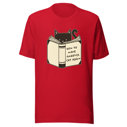A minimalist illustration of a cat reading a book titled “How to Make America Cat Again”. A clean, witty design that blends feline charm with ironic humor, perfect for cat lovers and fans of clever, minimalist art.