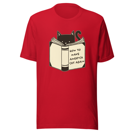 A minimalist illustration of a cat reading a book titled “How to Make America Cat Again”. A clean, witty design that blends feline charm with ironic humor, perfect for cat lovers and fans of clever, minimalist art.