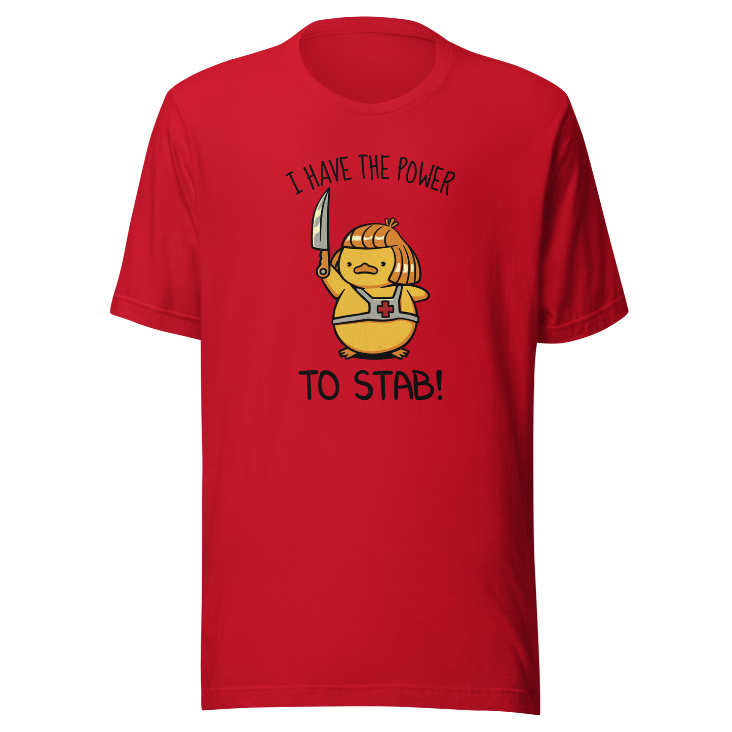 An illustration of a duck inspired by a classic '80s fantasy cartoon hero, dramatically holding a knife like a legendary sword beneath the phrase "I Have The Power To Stab." A fun parody design for fans of retro cartoons, nostalgic pop culture, fantasy adventures, and absurd animal humour.