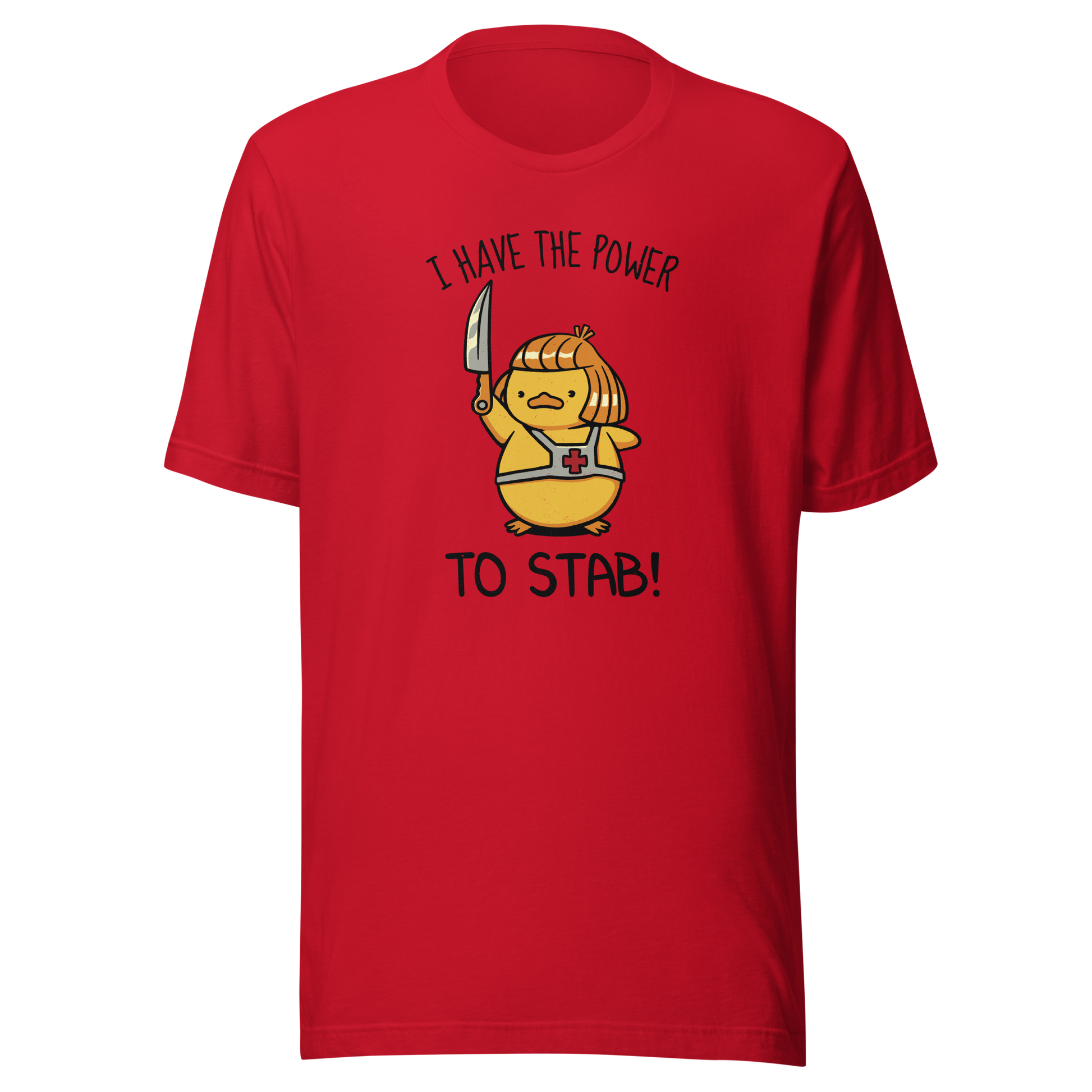An illustration of a duck inspired by a classic '80s fantasy cartoon hero, dramatically holding a knife like a legendary sword beneath the phrase "I Have The Power To Stab." A fun parody design for fans of retro cartoons, nostalgic pop culture, fantasy adventures, and absurd animal humour.