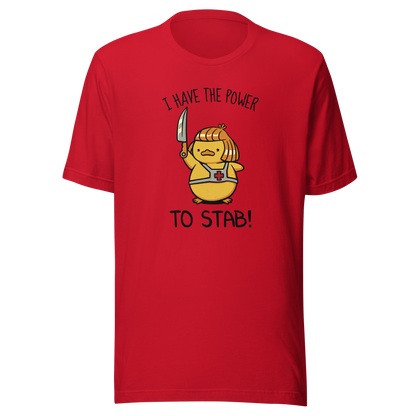 An illustration of a duck inspired by a classic '80s fantasy cartoon hero, dramatically holding a knife like a legendary sword beneath the phrase "I Have The Power To Stab." A fun parody design for fans of retro cartoons, nostalgic pop culture, fantasy adventures, and absurd animal humour.