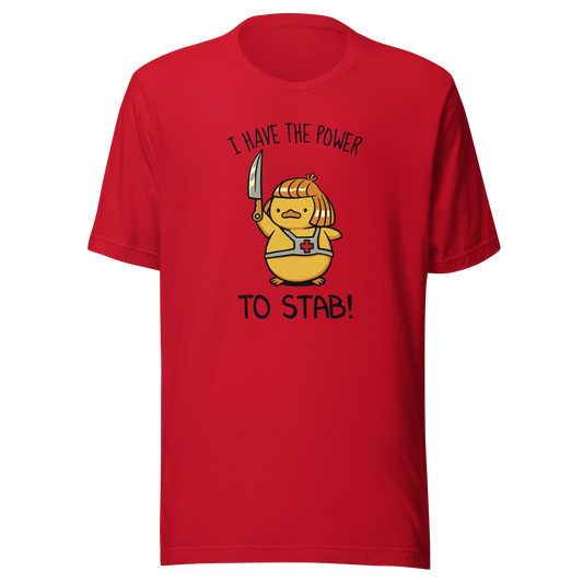 An illustration of a duck inspired by a classic '80s fantasy cartoon hero, dramatically holding a knife like a legendary sword beneath the phrase "I Have The Power To Stab." A fun parody design for fans of retro cartoons, nostalgic pop culture, fantasy adventures, and absurd animal humour.