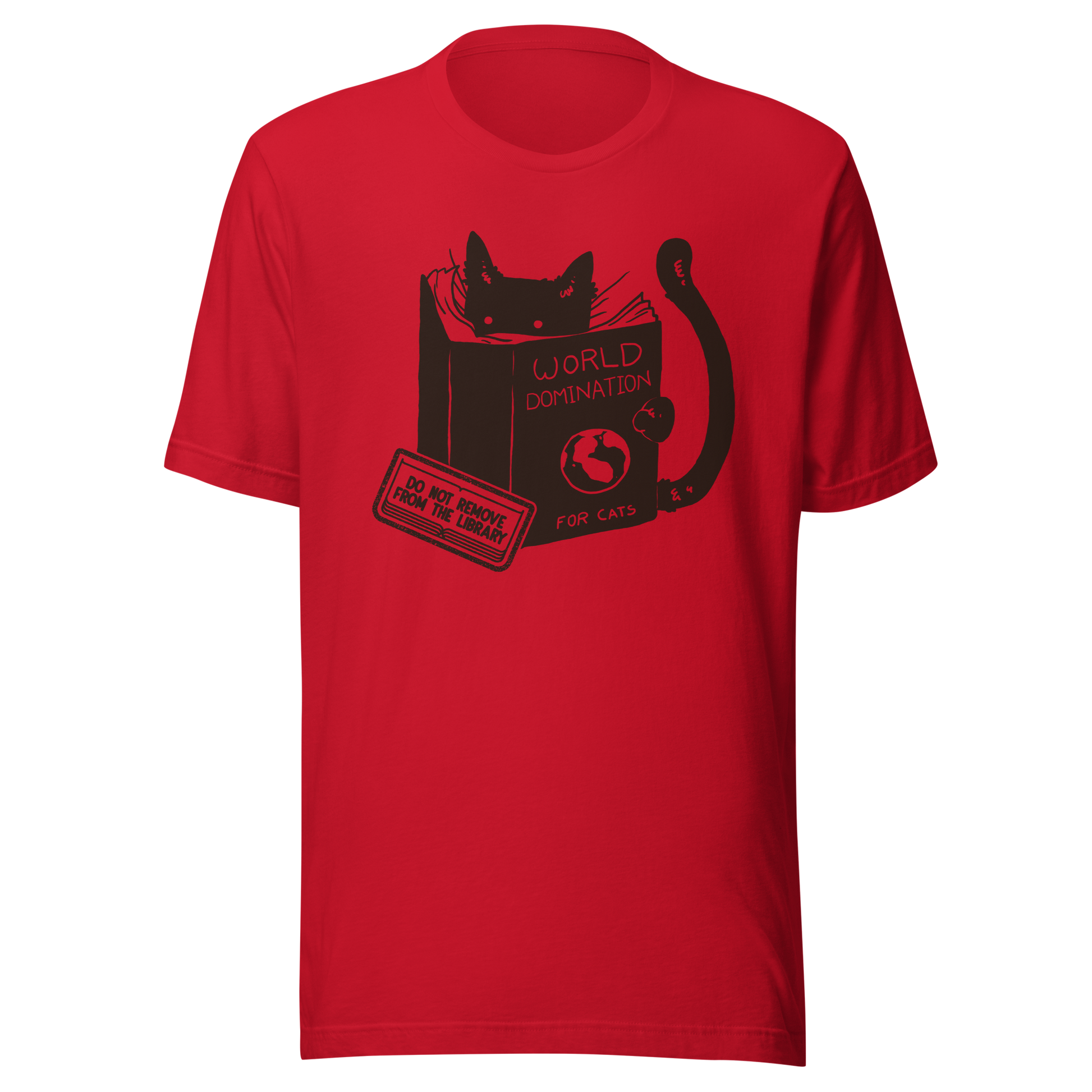 A minimalist illustration of a black kitten reading a book titled “World Domination for Cats,” featuring a humorous “Do Not Remove From Library” sticker. A playful artwork that captures the clever and ambitious nature of cats, perfect for cat lovers and fans of witty minimalist designs.