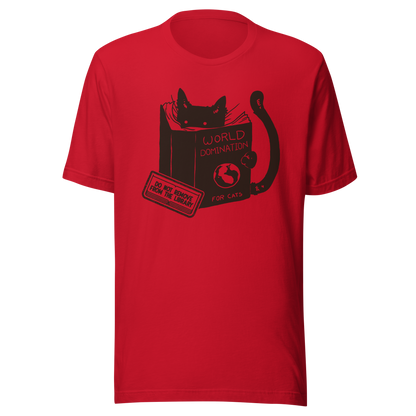A minimalist illustration of a black kitten reading a book titled “World Domination for Cats,” featuring a humorous “Do Not Remove From Library” sticker. A playful artwork that captures the clever and ambitious nature of cats, perfect for cat lovers and fans of witty minimalist designs.