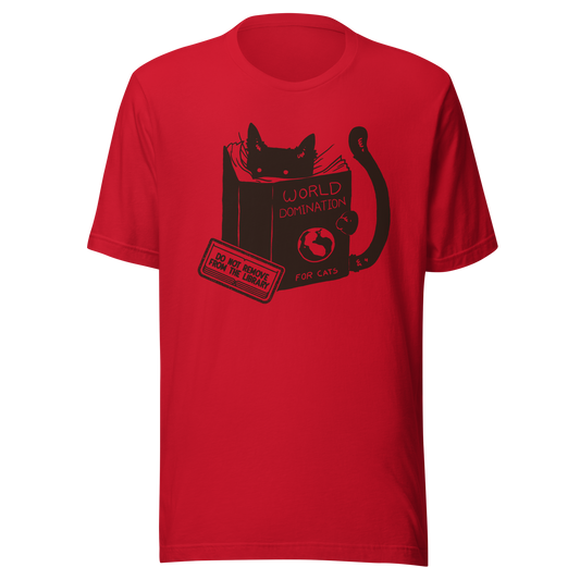A minimalist illustration of a black kitten reading a book titled “World Domination for Cats,” featuring a humorous “Do Not Remove From Library” sticker. A playful artwork that captures the clever and ambitious nature of cats, perfect for cat lovers and fans of witty minimalist designs.