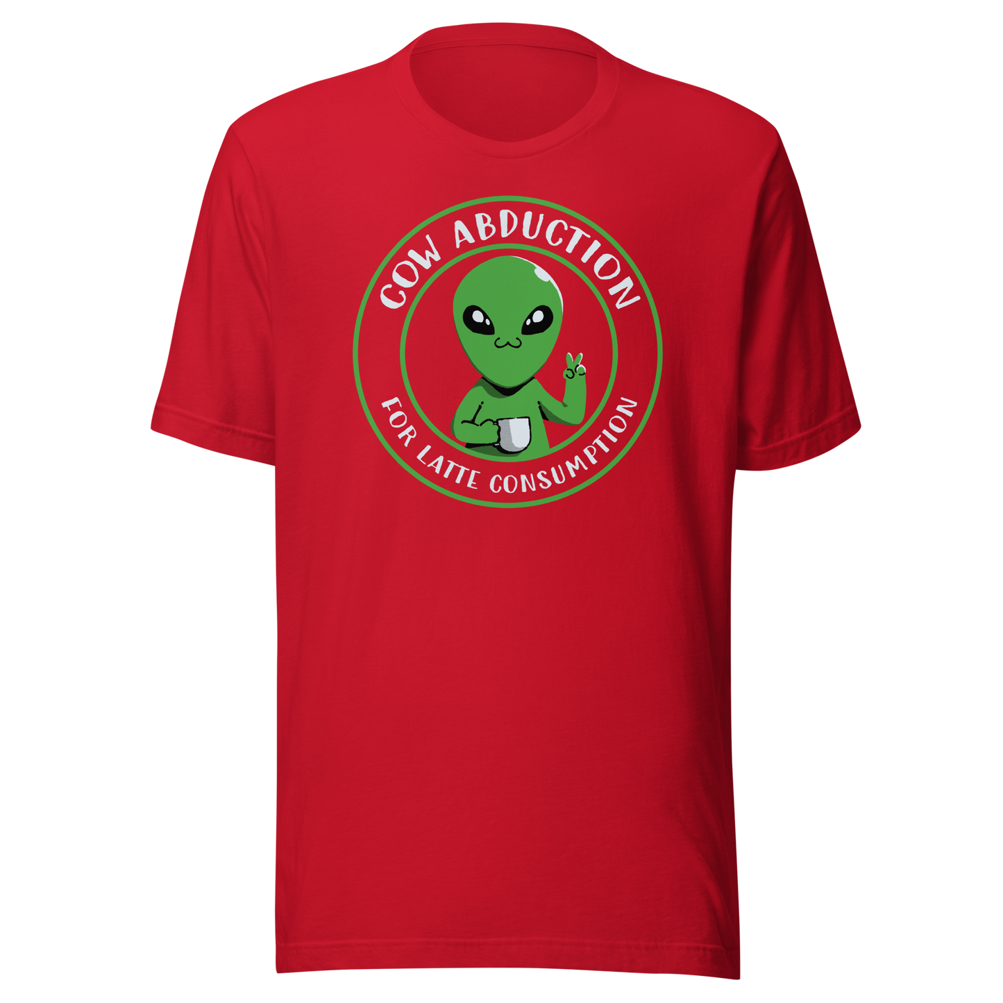 A cute alien holding a cup of coffee, paired with the phrase ‘Cow Abduction For Latte Consumption’. A playful and humorous design that mixes sci-fi vibes with coffee obsession. Perfect for coffee lovers, alien enthusiasts, and anyone who enjoys quirky, funny art with a cosmic twist.