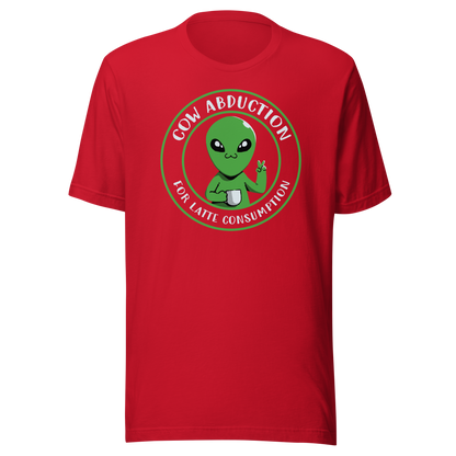 A cute alien holding a cup of coffee, paired with the phrase ‘Cow Abduction For Latte Consumption’. A playful and humorous design that mixes sci-fi vibes with coffee obsession. Perfect for coffee lovers, alien enthusiasts, and anyone who enjoys quirky, funny art with a cosmic twist.