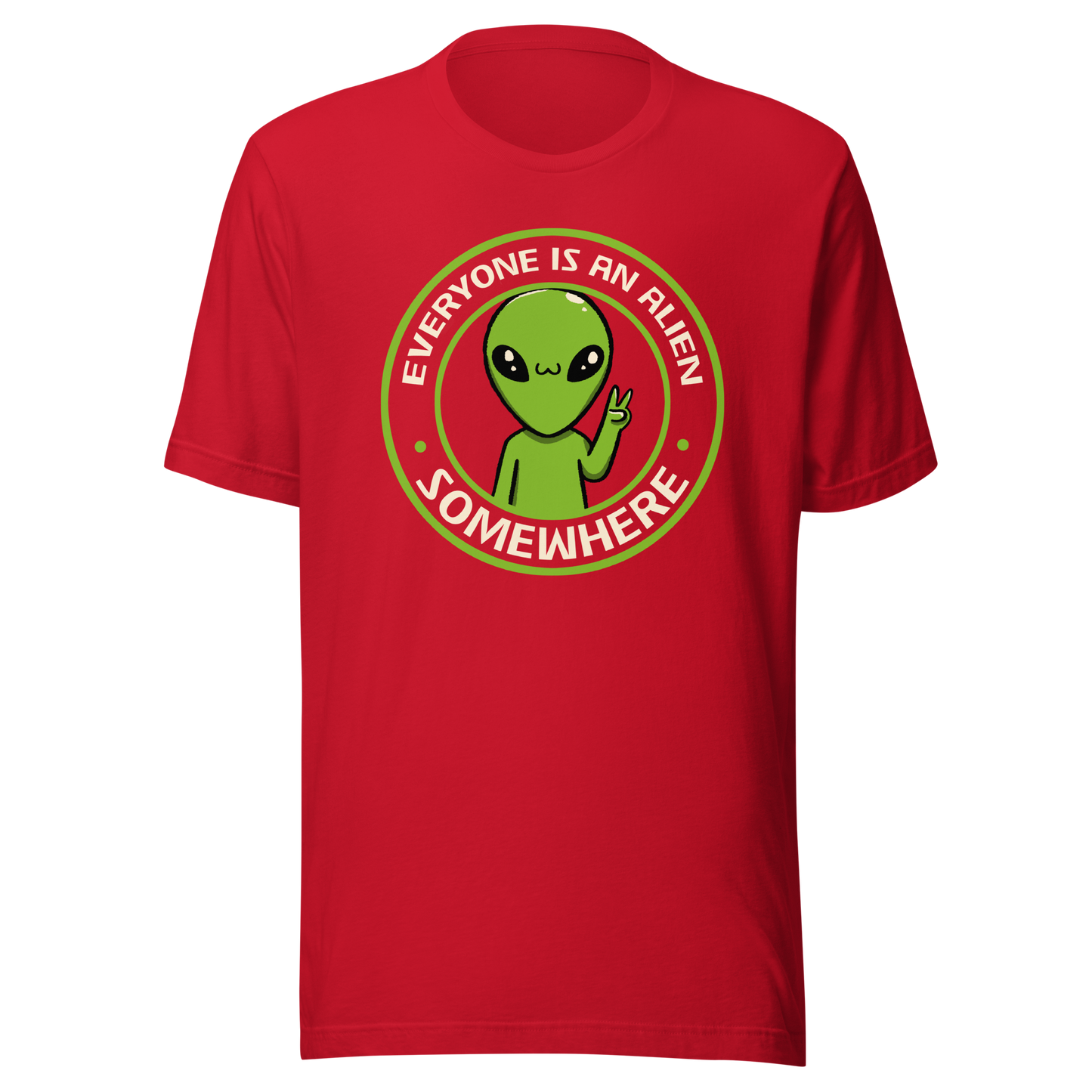 A stamp-style design of a green alien making a “V” sign, paired with the phrase “Everyone Is An Alien Somewhere”. A playful artwork about feeling different and embracing individuality.