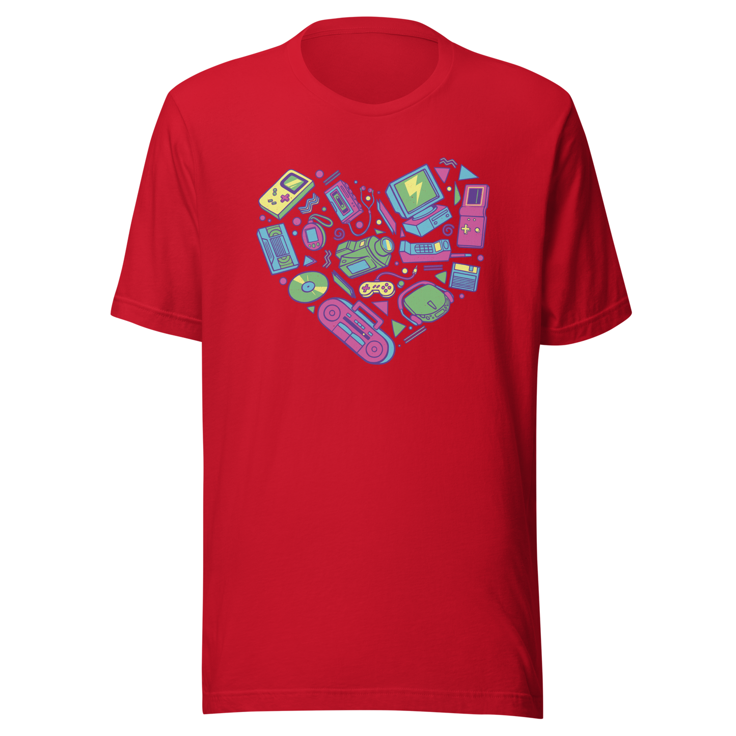 A heart made of iconic 90s electronics like computers, Walkmans, telephones, video game consoles, and Discmen, all in vibrant neon colours. A bold, nostalgic artwork perfect for anyone who loves retro tech and 90s vibes.