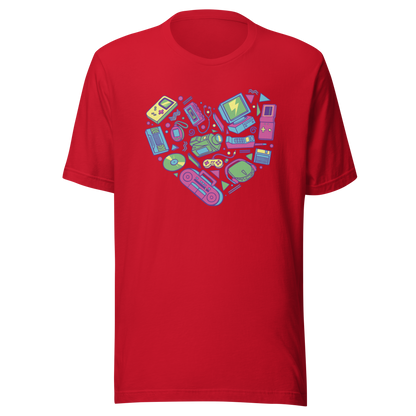 A heart made of iconic 90s electronics like computers, Walkmans, telephones, video game consoles, and Discmen, all in vibrant neon colours. A bold, nostalgic artwork perfect for anyone who loves retro tech and 90s vibes.