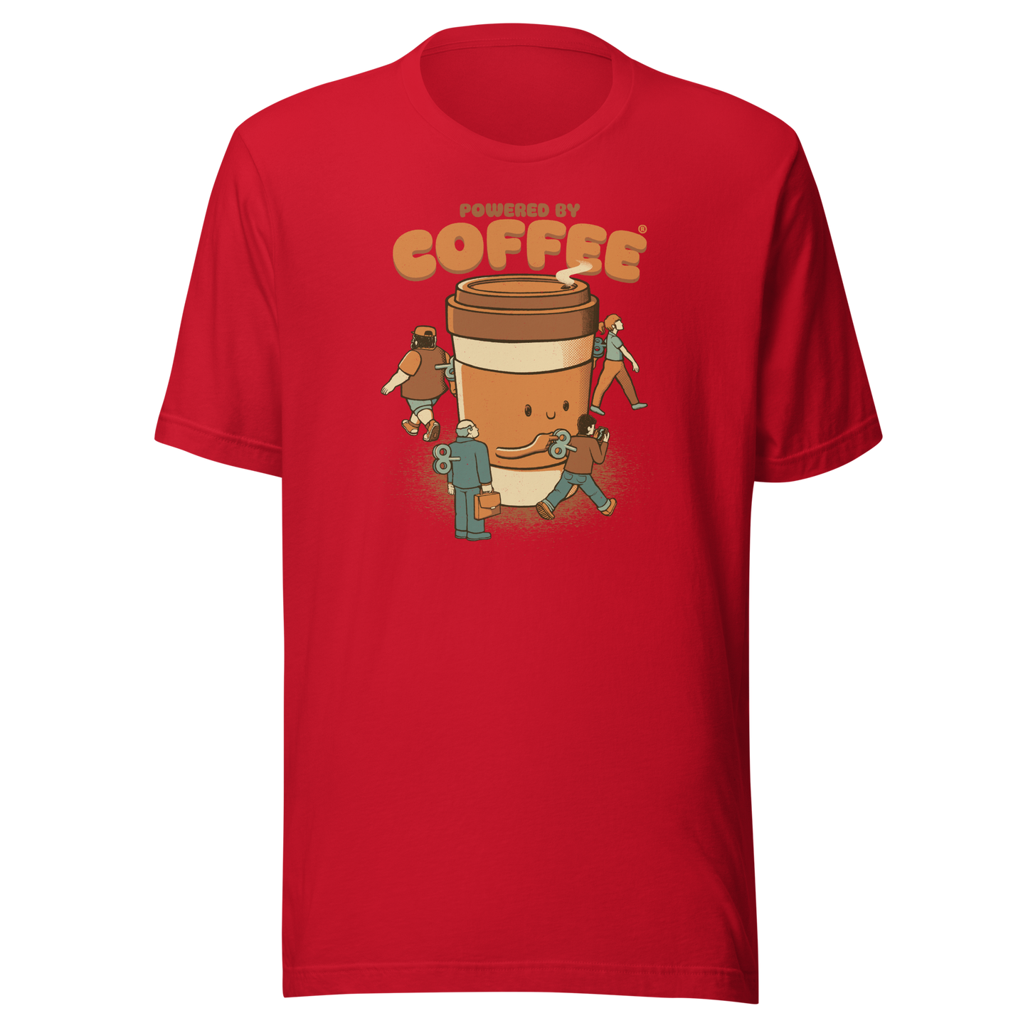 A playful illustration of a giant coffee cup winding up tiny wind-up dolls, a fun nod to caffeine as the fuel that keeps life moving. Featuring the phrase “Powered By Coffee”, it’s the perfect gift for coffee lovers who can’t function without their daily cup.