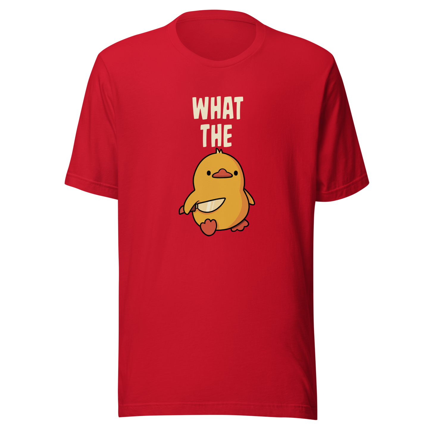 A cute yellow duck holding a small knife, with “What The” above it, completed by the duck below to read “What The Duck”. A playful mix of sweet and chaotic humor.
