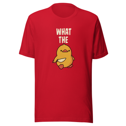 A cute yellow duck holding a small knife, with “What The” above it, completed by the duck below to read “What The Duck”. A playful mix of sweet and chaotic humor.