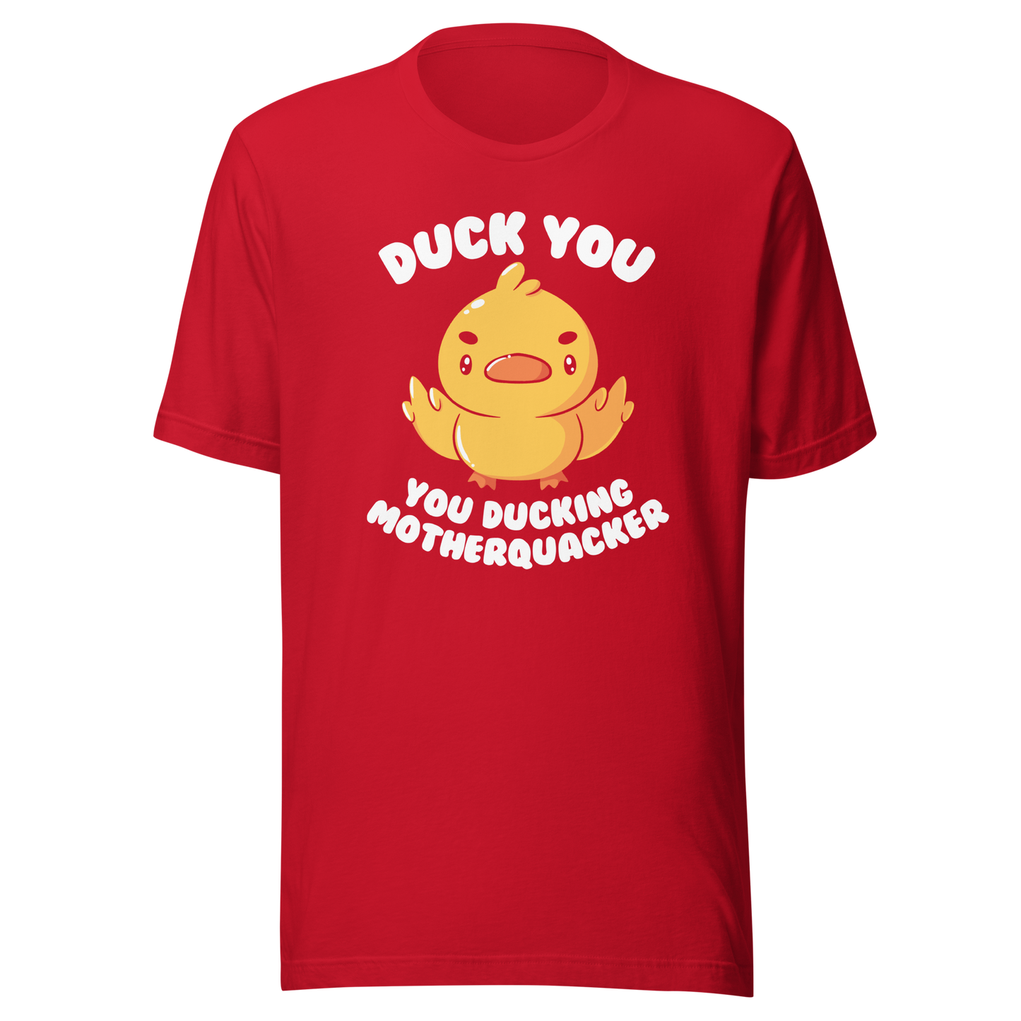 A cute yellow duckling with a mean face showing his middle fingers, next to it the phrase "Duck You, you ducking motherquacker". An art with humor for those who love ducks.