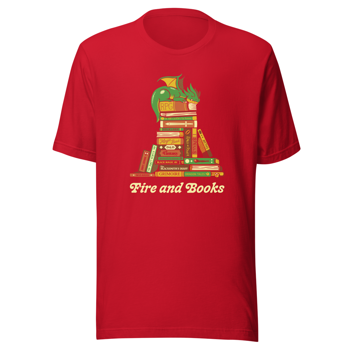 A dragon sleeps peacefully atop a stack of magic, RPG and mythology books with the phrase “Fire and Books” below. Blending fantasy and a love of reading, this design is perfect for RPG fans, fantasy readers and anyone who keeps their inner fire alive through stories.