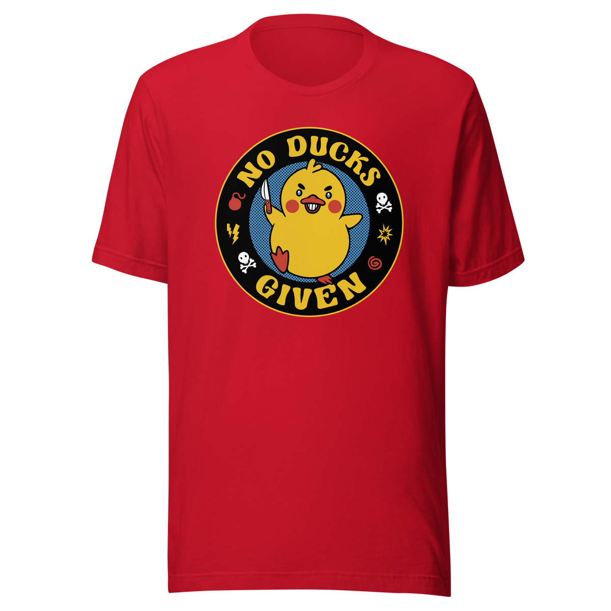 A cute yellow duck holding a small knife, around it the text "No Ducks Given". An art that mixes humor with the temperament of ducks.