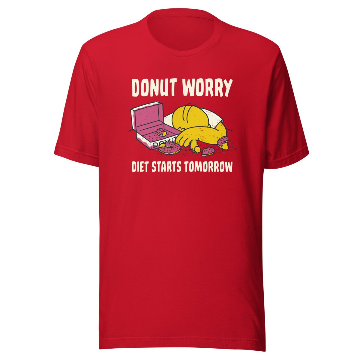 A playful design featuring a sleepy yellow cartoon character next to an open box of donuts, surrounded by crumbs and icing, with the phrase “Donut Worry Diet Starts Tomorrow”. Sweet, relatable and full of humor, it’s the perfect gift for donut lovers and anyone who believes diets can always start tomorrow.