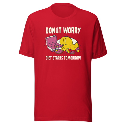 A playful design featuring a sleepy yellow cartoon character next to an open box of donuts, surrounded by crumbs and icing, with the phrase “Donut Worry Diet Starts Tomorrow”. Sweet, relatable and full of humor, it’s the perfect gift for donut lovers and anyone who believes diets can always start tomorrow.