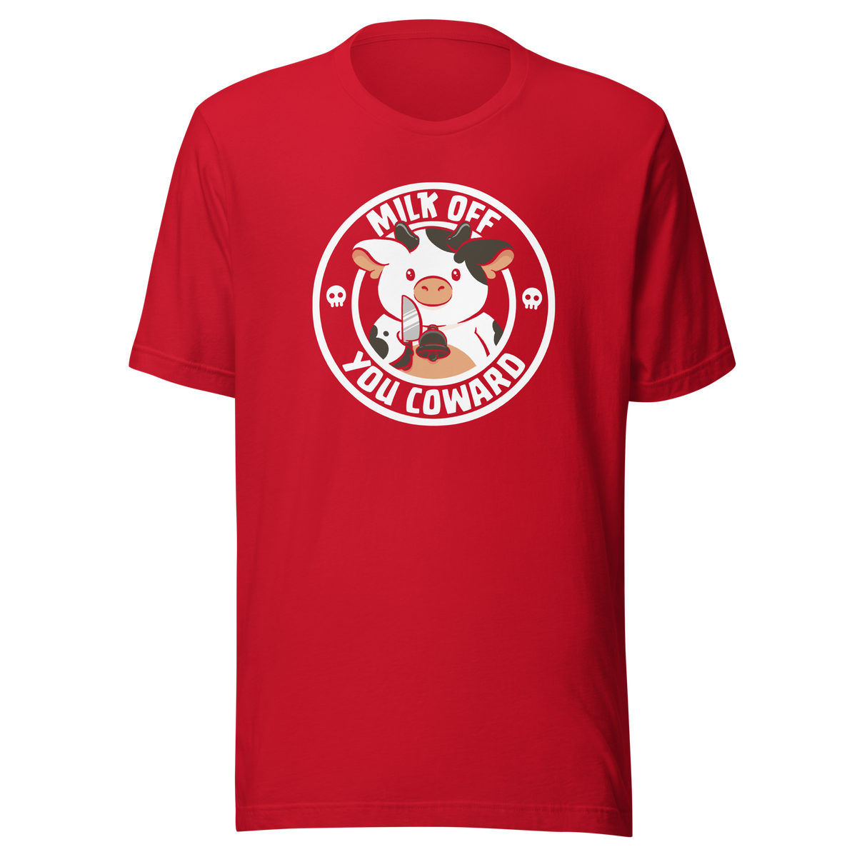 A quirky stamp-style design featuring a cute spotted cow holding a knife alongside the phrase "Milk Off You Coward". Blending dark humour with a cheeky attitude, this playful design is perfect for cow lovers, fans of sarcastic humour, and anyone who enjoys bold, irreverent artwork.