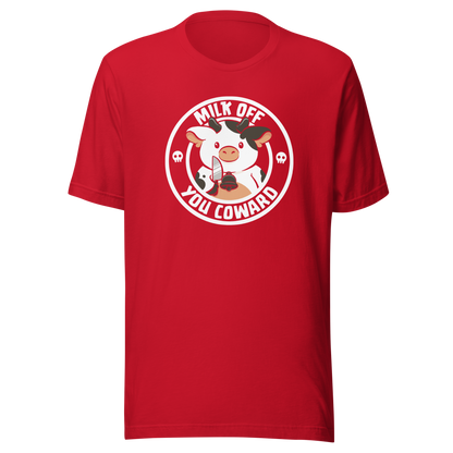 A quirky stamp-style design featuring a cute spotted cow holding a knife alongside the phrase "Milk Off You Coward". Blending dark humour with a cheeky attitude, this playful design is perfect for cow lovers, fans of sarcastic humour, and anyone who enjoys bold, irreverent artwork.