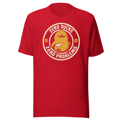 A cute yellow duck holding a small knife pairs with the phrase “Zero Ducks Zero Problems”, mixing innocent looks with chaotic energy. A bold and ironic design, perfect as a gift for anyone who loves ducks and absurd humor.