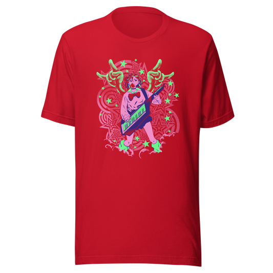 A bold retro-inspired design featuring an anime character playing a keytar, surrounded by stars, swirling patterns, and colorful psychedelic details. The combination of vibrant red, pink, green, and blue gives the artwork an energetic vintage-pop feel. Perfect for anyone into retro aesthetics, Japanese-inspired pop culture, and ready to face yokai or aliens.