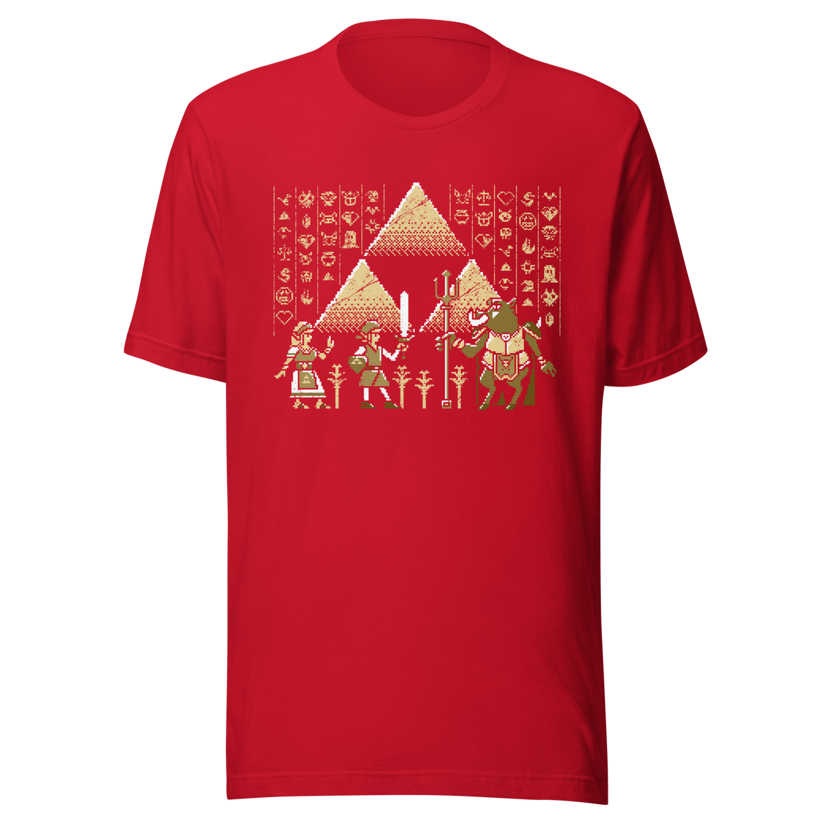 A pixel-style hero, princess, and beast clash in front of golden pyramids and mysterious symbols. This retro fantasy design blends ancient power with classic 8-bit vibes — perfect for old-school adventurers.