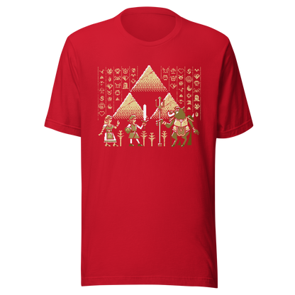 A pixel-style hero, princess, and beast clash in front of golden pyramids and mysterious symbols. This retro fantasy design blends ancient power with classic 8-bit vibes — perfect for old-school adventurers.