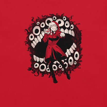 Character wearing a hooded outfit standing in front of a large creature made of eyes and sharp teeth.