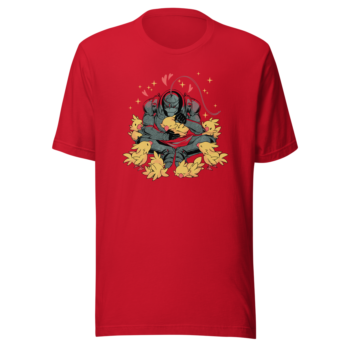 A dark armored warrior sits cross-legged, gently cuddling a group of fluffy yellow birds. Pink hearts and golden sparkles surround the unlikely duo, creating a humorous contrast between a fierce appearance and a tender, affectionate side.