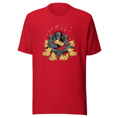 A dark armored warrior sits cross-legged, gently cuddling a group of fluffy yellow birds. Pink hearts and golden sparkles surround the unlikely duo, creating a humorous contrast between a fierce appearance and a tender, affectionate side.