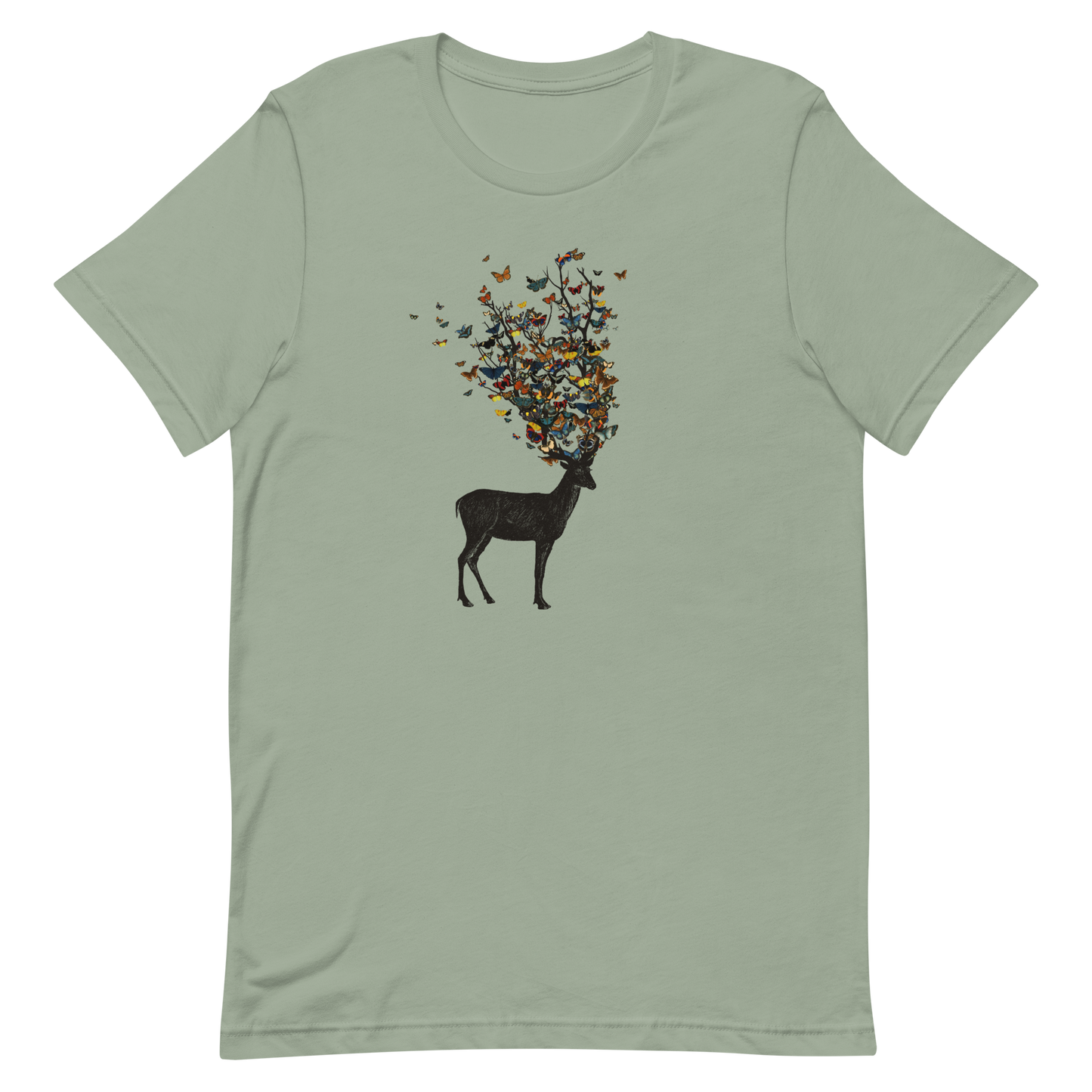 The image depicts a dark, silhouetted deer standing on a neutral background. Instead of branches, its antlers transform into a swirling cloud of vibrant, colorful butterflies that extend upwards and outward. The mix of organic and ethereal elements creates a captivating and whimsical visual contrast.