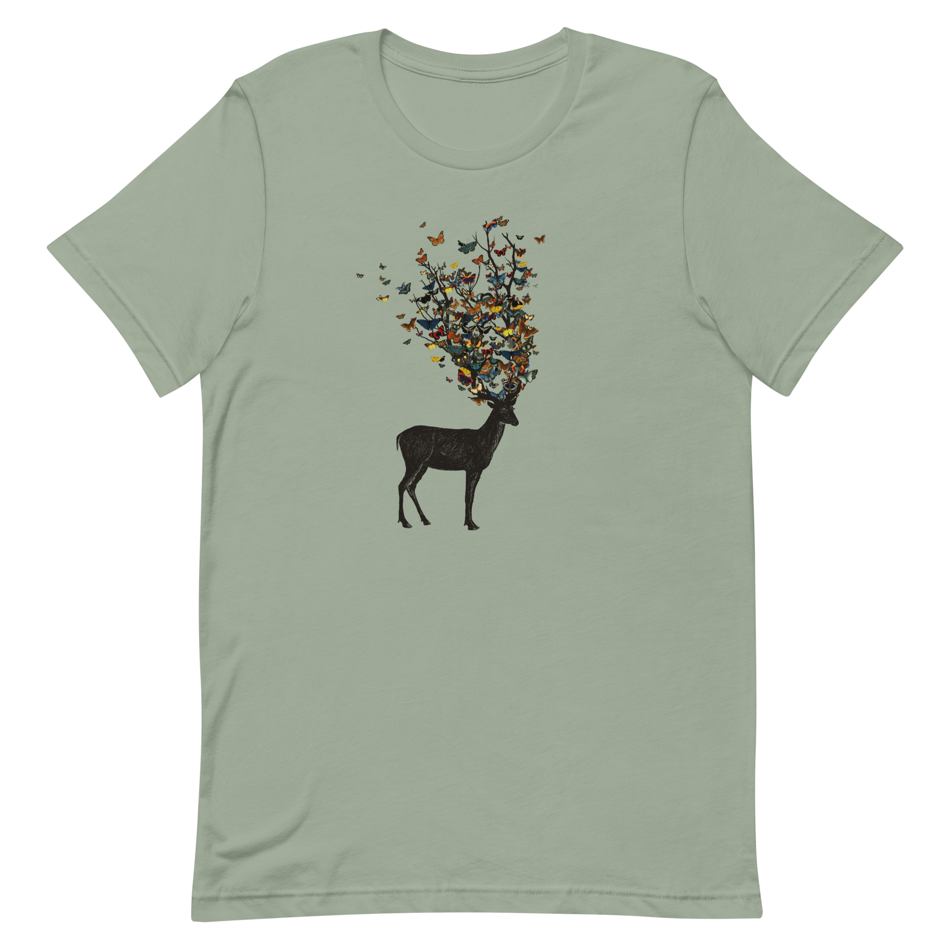 The image depicts a dark, silhouetted deer standing on a neutral background. Instead of branches, its antlers transform into a swirling cloud of vibrant, colorful butterflies that extend upwards and outward. The mix of organic and ethereal elements creates a captivating and whimsical visual contrast.