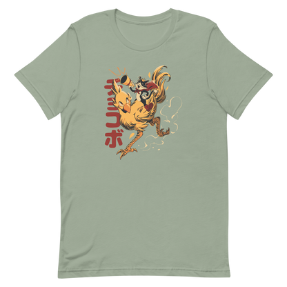 A stylized cartoon illustration of a confident cat wearing a cape and crown while riding a large yellow bird at full speed, with dynamic motion lines and Japanese writing in the background.