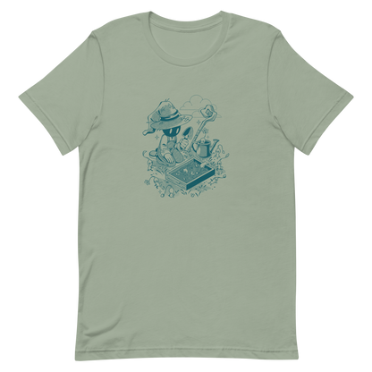 Illustration of a small wizard-like figure kneeling in a garden, using a trowel to plant seedlings while tiny plant creatures gather around, with a staff, watering can, and clouds in the background, drawn in a monochrome teal style.