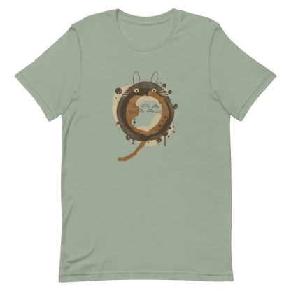 A watercolor-style creature forms a circular shape in soft shades of brown, surrounded by tiny forest spirits. The minimalist ink and watercolor textures create a dreamy, nostalgic atmosphere. Perfect for fans of nature, calm energy, and magical worlds.