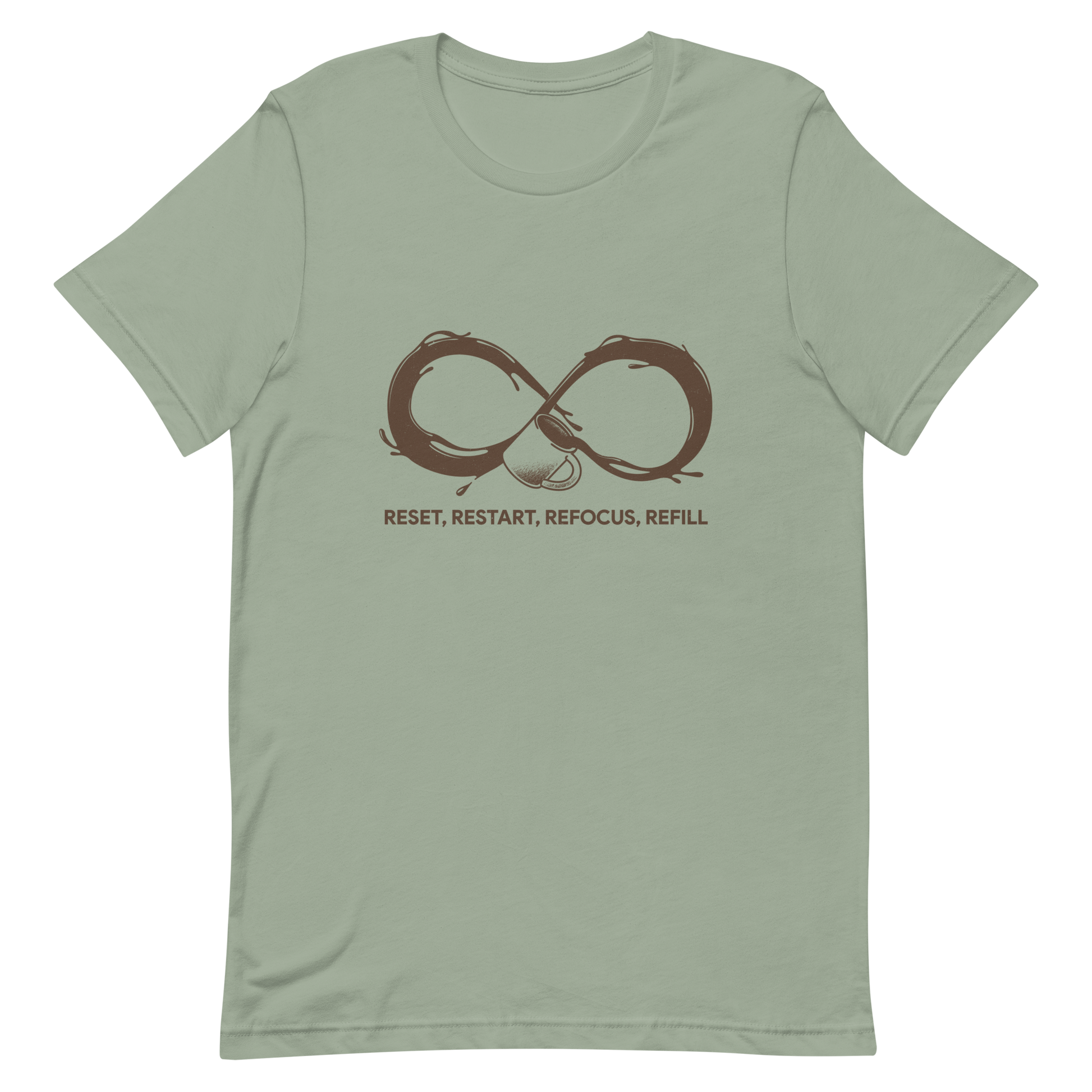 A coffee cup spills endlessly, forming an infinity symbol made of flowing coffee. This artwork celebrates the endless cycle of energy, focus, and motivation that keeps us going. Perfect for coffee lovers, caffeine addicts, and anyone who believes that every restart begins with a refill.