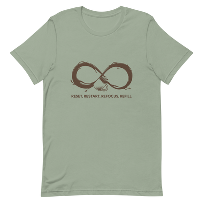 A coffee cup spills endlessly, forming an infinity symbol made of flowing coffee. This artwork celebrates the endless cycle of energy, focus, and motivation that keeps us going. Perfect for coffee lovers, caffeine addicts, and anyone who believes that every restart begins with a refill.