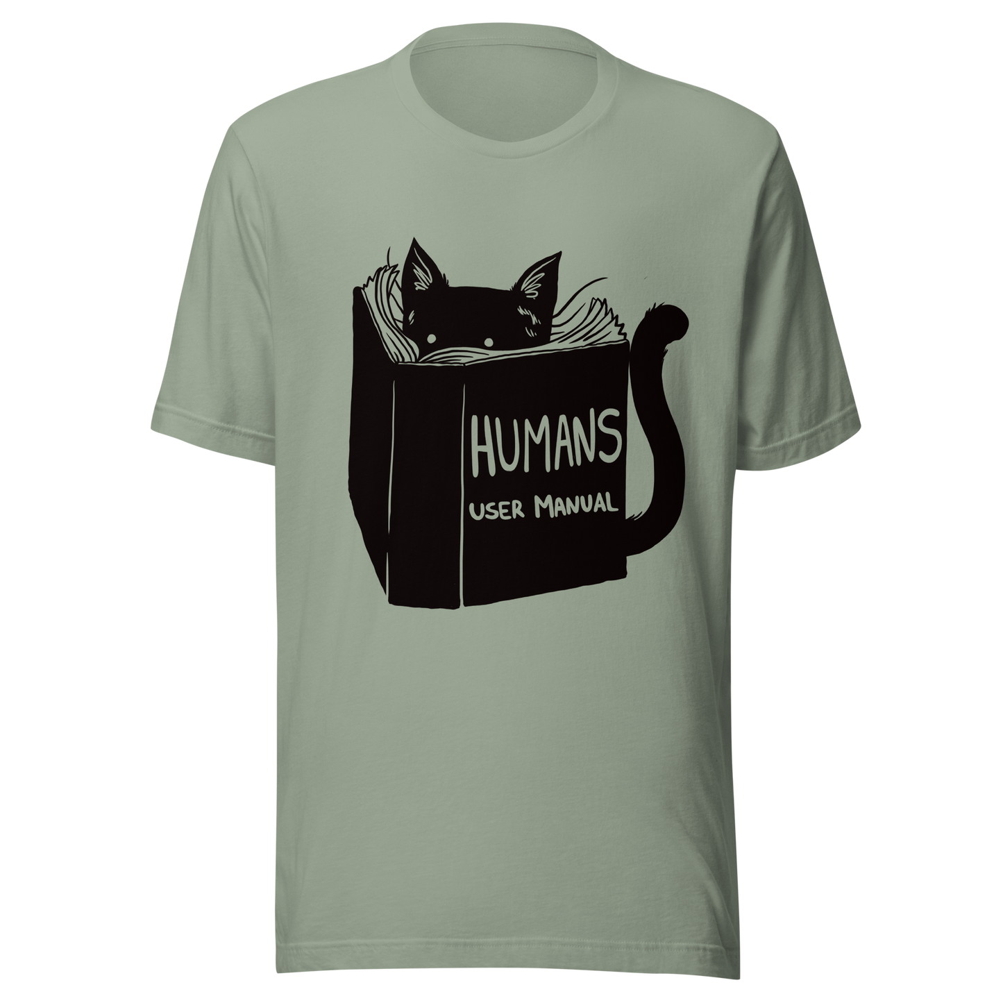 A kitten peeking out from behind a huge book titled "Humans: User Manual". This design plays on the idea that cats are trying to figure out how to control us. Perfect for cat lovers, book fans, and anyone who enjoys lighthearted humor in prints.