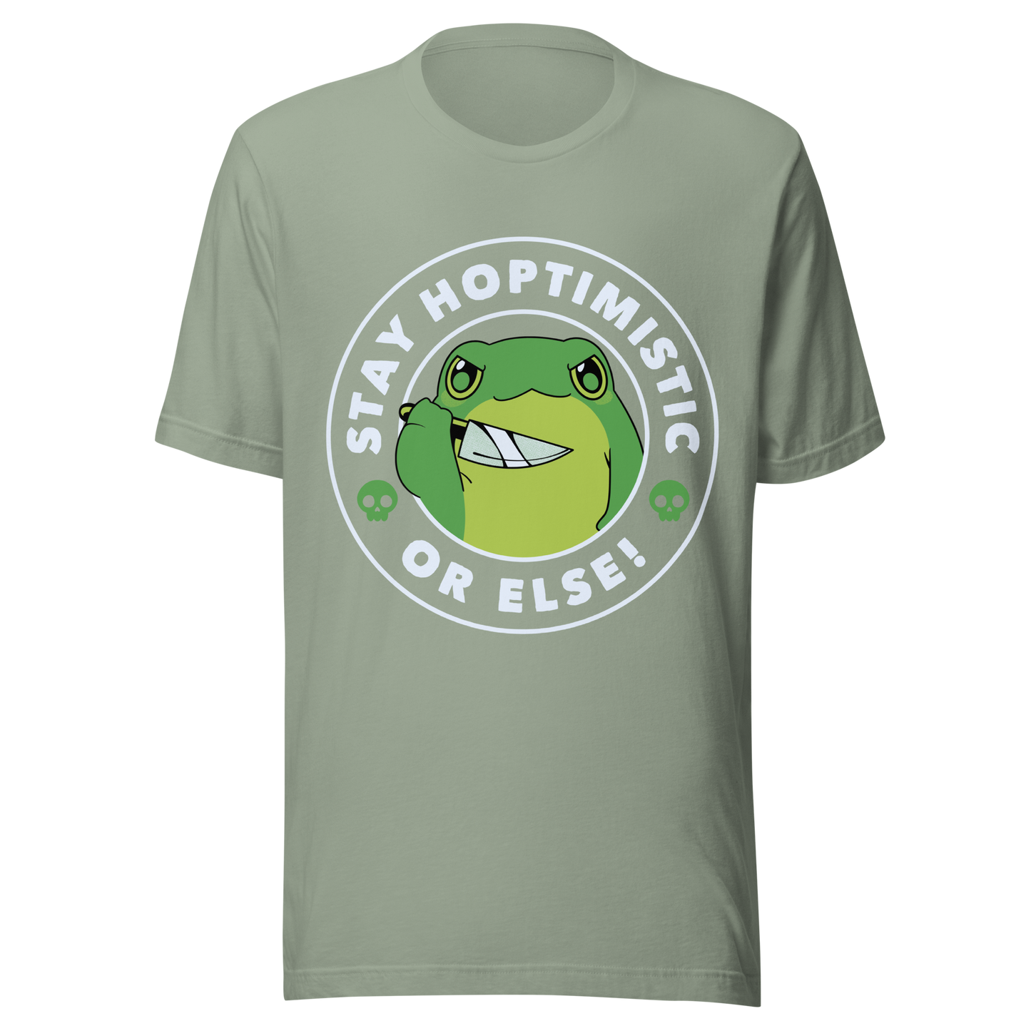 A green frog with a determined look stands beside the playful phrase “Stay Hoptimistic — Or Else”. A fun pun with a slightly chaotic twist, perfect for frog lovers and anyone who enjoys quirky, attitude-filled humor.