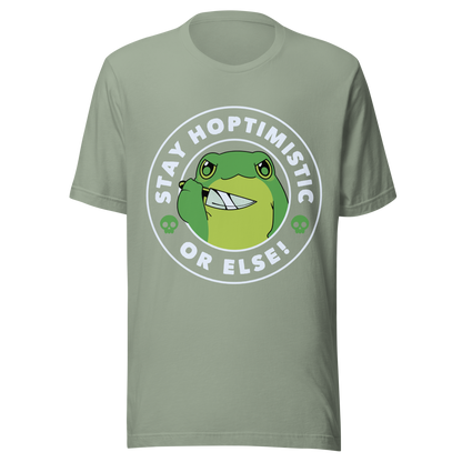 A green frog with a determined look stands beside the playful phrase “Stay Hoptimistic — Or Else”. A fun pun with a slightly chaotic twist, perfect for frog lovers and anyone who enjoys quirky, attitude-filled humor.