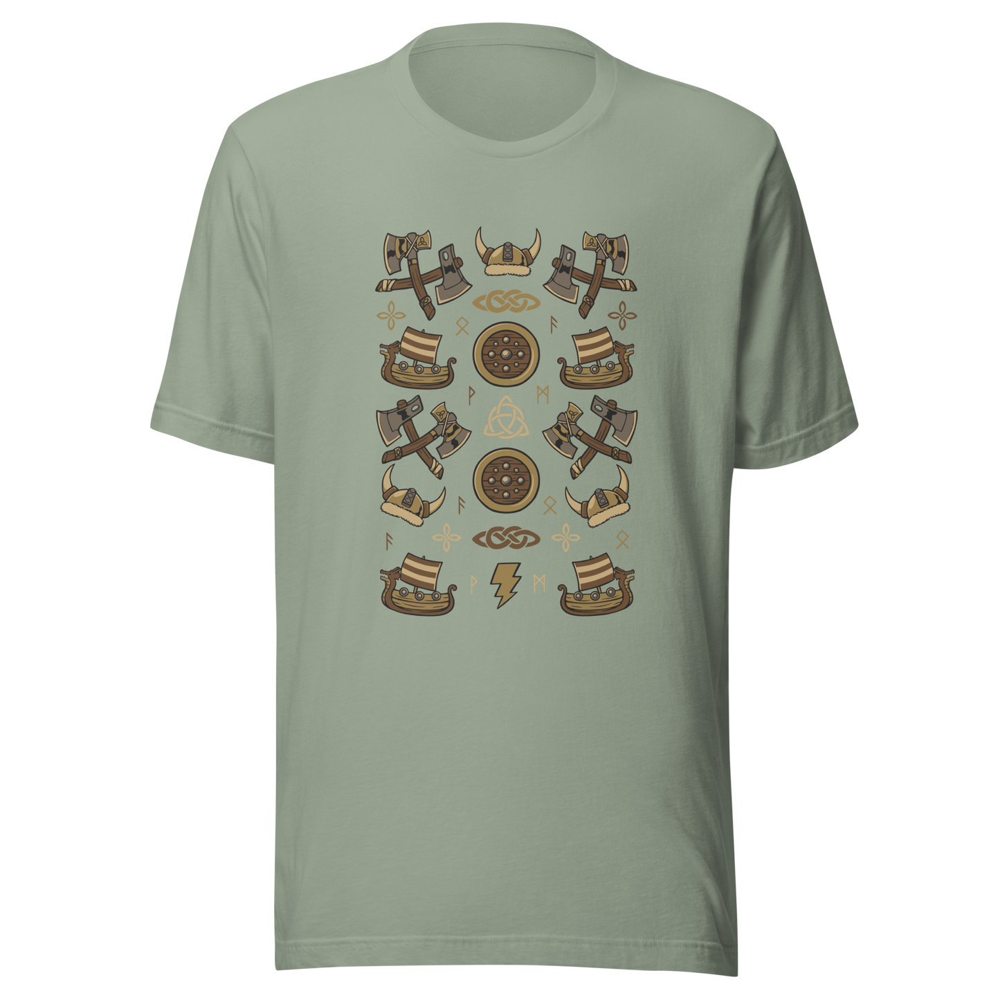 The artwork features a symmetrical illustration with axes, wooden shields, Viking helmets, longships, and runes in earthy tones on a dark background. Each element reinforces the classic Nordic aesthetic, blending iconic symbols with a detailed and super harmonious cartoon style. Perfect for fans of Viking culture, Norse mythology, RPGs, and anyone who loves prints with an epic and stylized vibe.