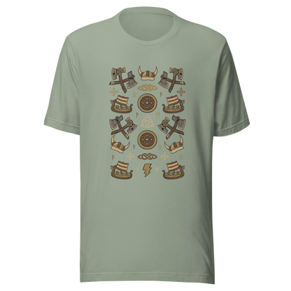 The artwork features a symmetrical illustration with axes, wooden shields, Viking helmets, longships, and runes in earthy tones on a dark background. Each element reinforces the classic Nordic aesthetic, blending iconic symbols with a detailed and super harmonious cartoon style. Perfect for fans of Viking culture, Norse mythology, RPGs, and anyone who loves prints with an epic and stylized vibe.