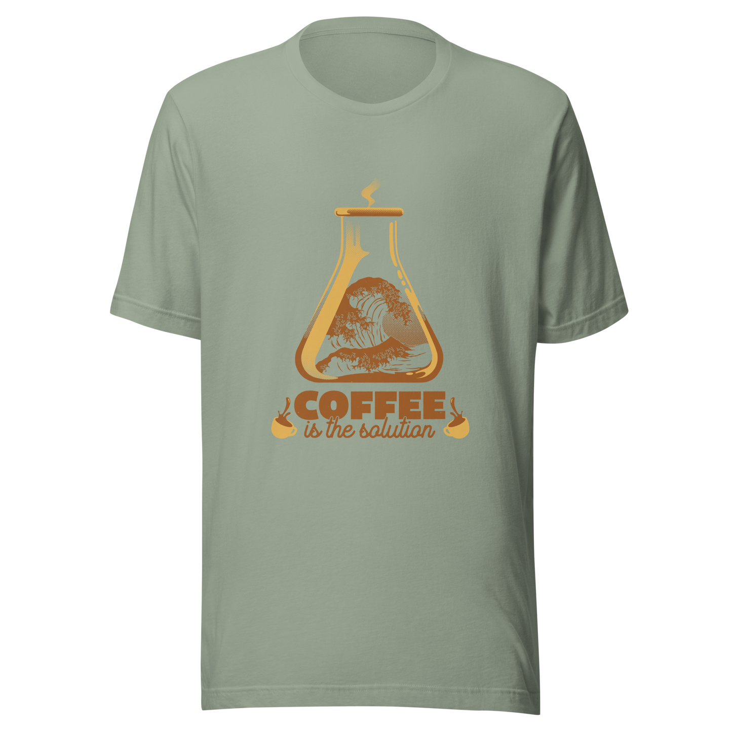 A stylized laboratory flask holding a powerful ocean wave, paired with bold retro typography reading ‘Coffee is the solution’. A playful design that blends science, humor, and coffee culture, perfect for coffee lovers, scientists, students, and anyone who believes caffeine solves most daily problems.