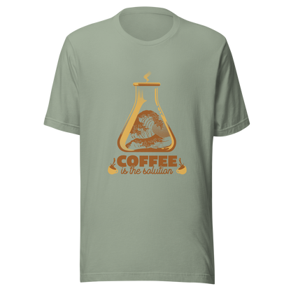 A stylized laboratory flask holding a powerful ocean wave, paired with bold retro typography reading ‘Coffee is the solution’. A playful design that blends science, humor, and coffee culture, perfect for coffee lovers, scientists, students, and anyone who believes caffeine solves most daily problems.