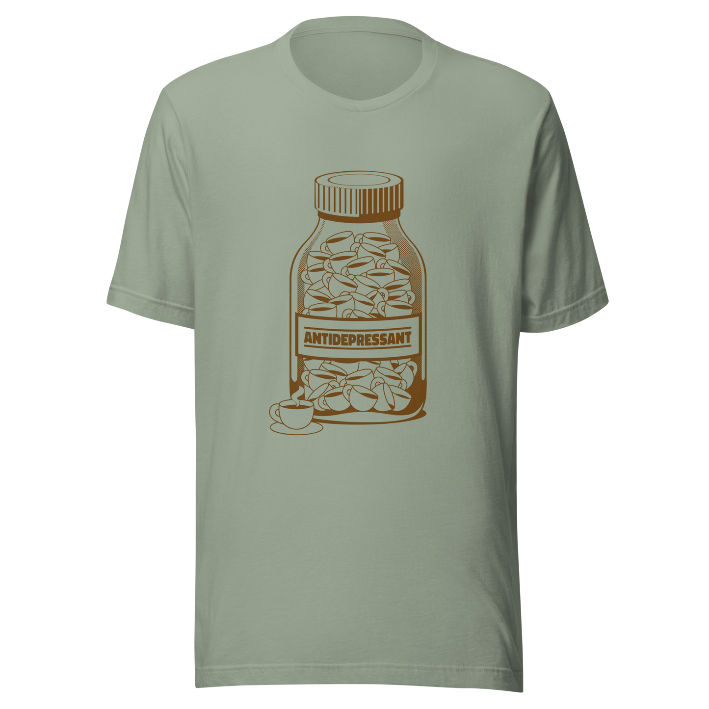 A medicine bottle filled with small coffee cups, labeled ‘antidepressant’. A playful, humorous design that celebrates coffee as a daily mood booster, perfect for coffee lovers who rely on caffeine to feel happier.