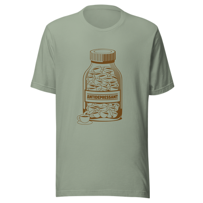 A medicine bottle filled with small coffee cups, labeled ‘antidepressant’. A playful, humorous design that celebrates coffee as a daily mood booster, perfect for coffee lovers who rely on caffeine to feel happier.