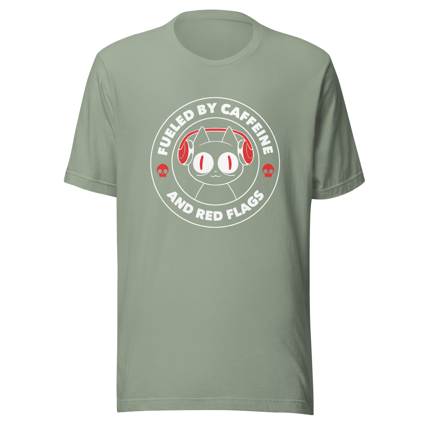 A stamp-style illustration of a black cat wearing headphones, featuring the phrase “Fueled by Caffeine and Red Flags”. A humorous and ironic design perfect for coffee lovers, chaotic souls, and anyone who embraces their red flags with style.