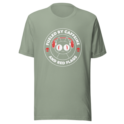 A stamp-style illustration of a black cat wearing headphones, featuring the phrase “Fueled by Caffeine and Red Flags”. A humorous and ironic design perfect for coffee lovers, chaotic souls, and anyone who embraces their red flags with style.
